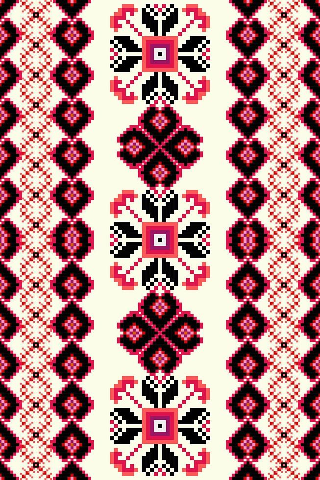 Geometric ethnic floral pixel art embroidery, Aztec style, abstract background design for fabric, clothing, textile, wrapping, decoration, scarf, print, wallpaper, table runner. vector