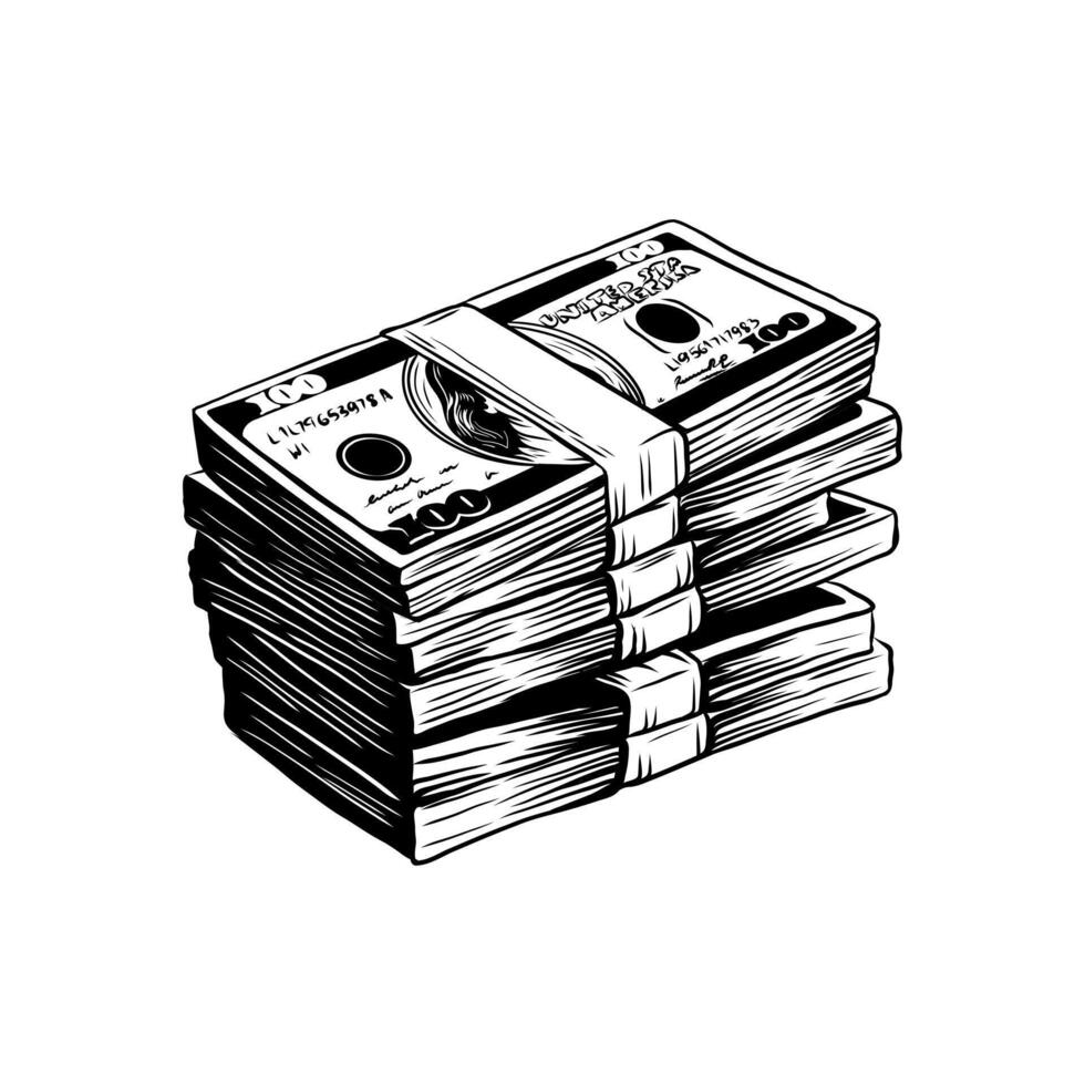 stack of hundred dollar bills isolated on white background. Bundle of one hundred dollar. Money, bank notes illustration in engraving imitation. Monochrome ink sketch. vector