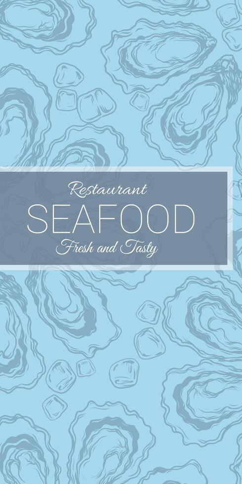 Oyster shell menu cover template for oysters bar, seafood farm or restaurant. illustration in sketch style, line art, graphic, engraving imitation vector