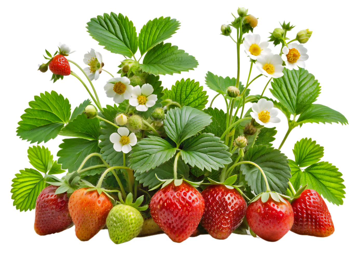 Lush Strawberry Plants with Ripe and Unripe Berries png