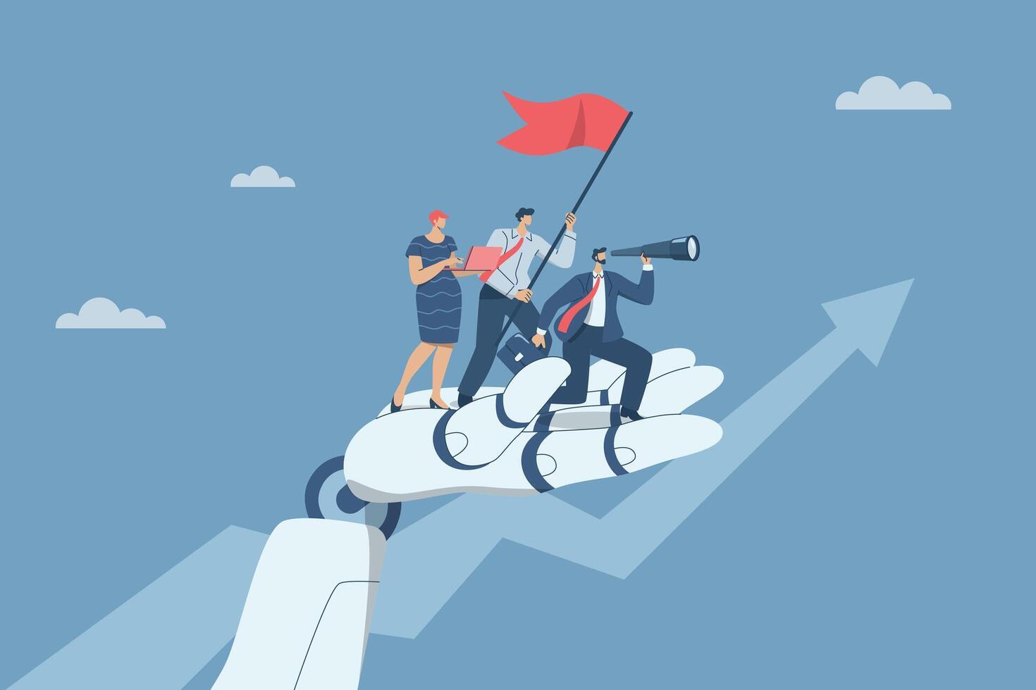 Artificial intelligence supports business success, AI, Robot work with company personnel, Promotion of modern technology innovation in organization, Business team working with robot hands. vector