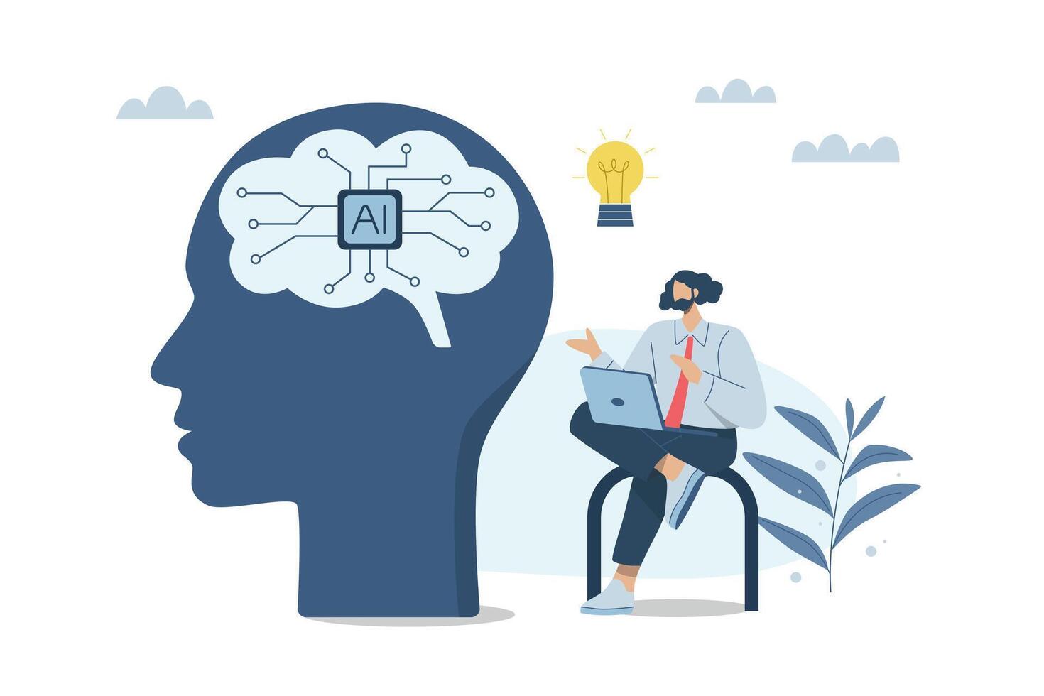 Artificial intelligence supports business success, AI, Robot work with company personnel, Technology helps generate creative and create ideas. Businessman working with robot. illustration. vector