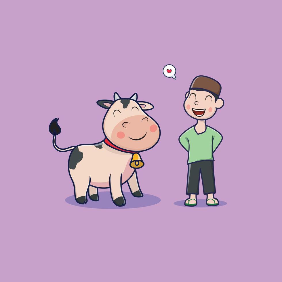 Illustration of Kids and Cow Celebrate Eid al-Adha. Cartoon Hand Drawn. Clip art Style vector