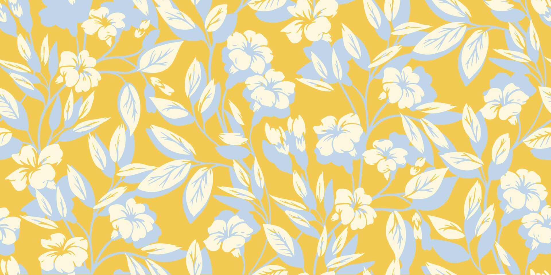 Plain yellow seamless pattern with abstract artistic wild floral stems. Silhouettes of blooming branches tiny flowers buds and small leaves printing. hand drawing. Nature ornament for designs vector