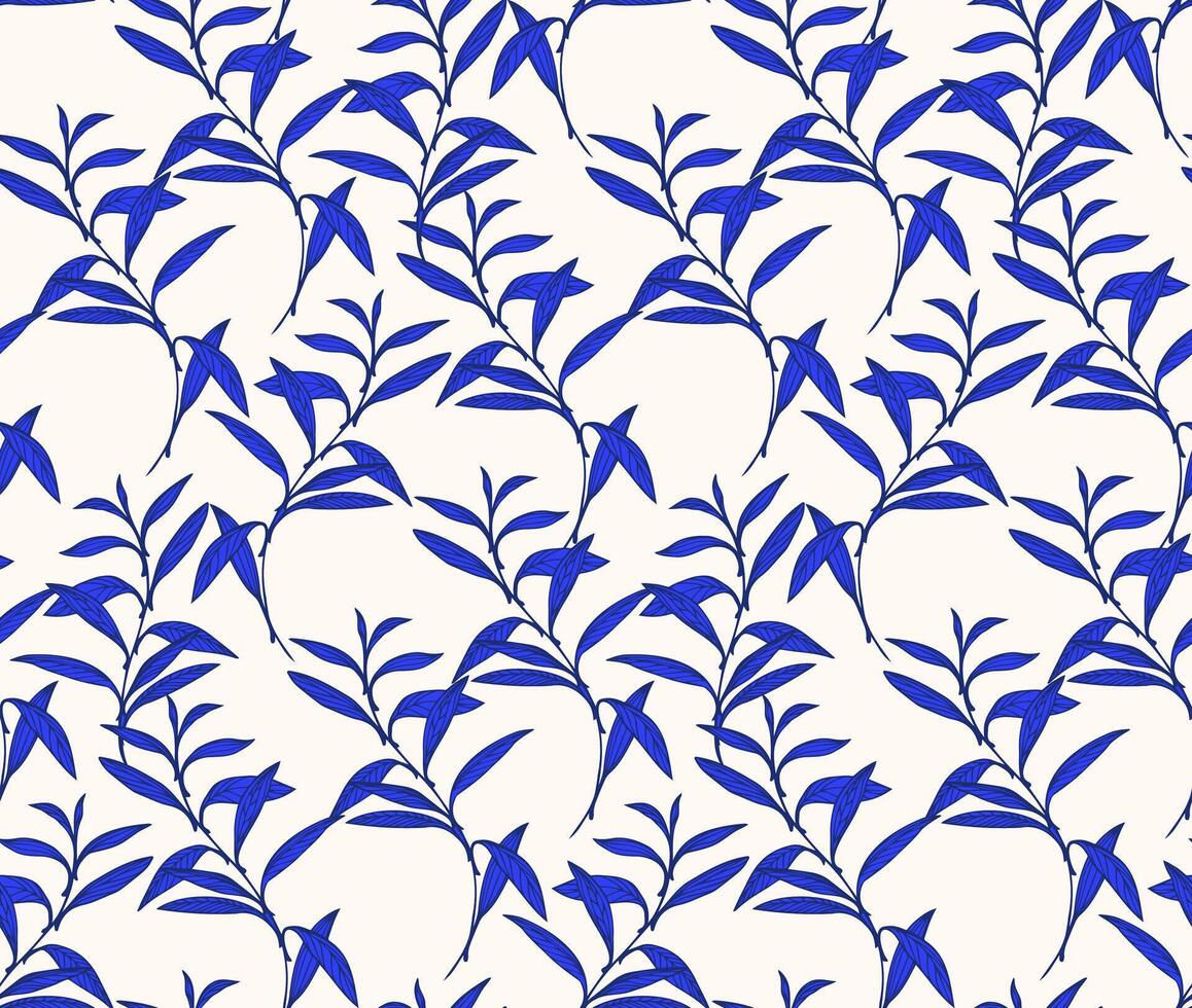 Creative blue leaf stems seamless pattern. Abstract artistic tiny branches leaves printing on a light background. hand drawing. Template for designs, textile, fashion, surface design, fabric vector