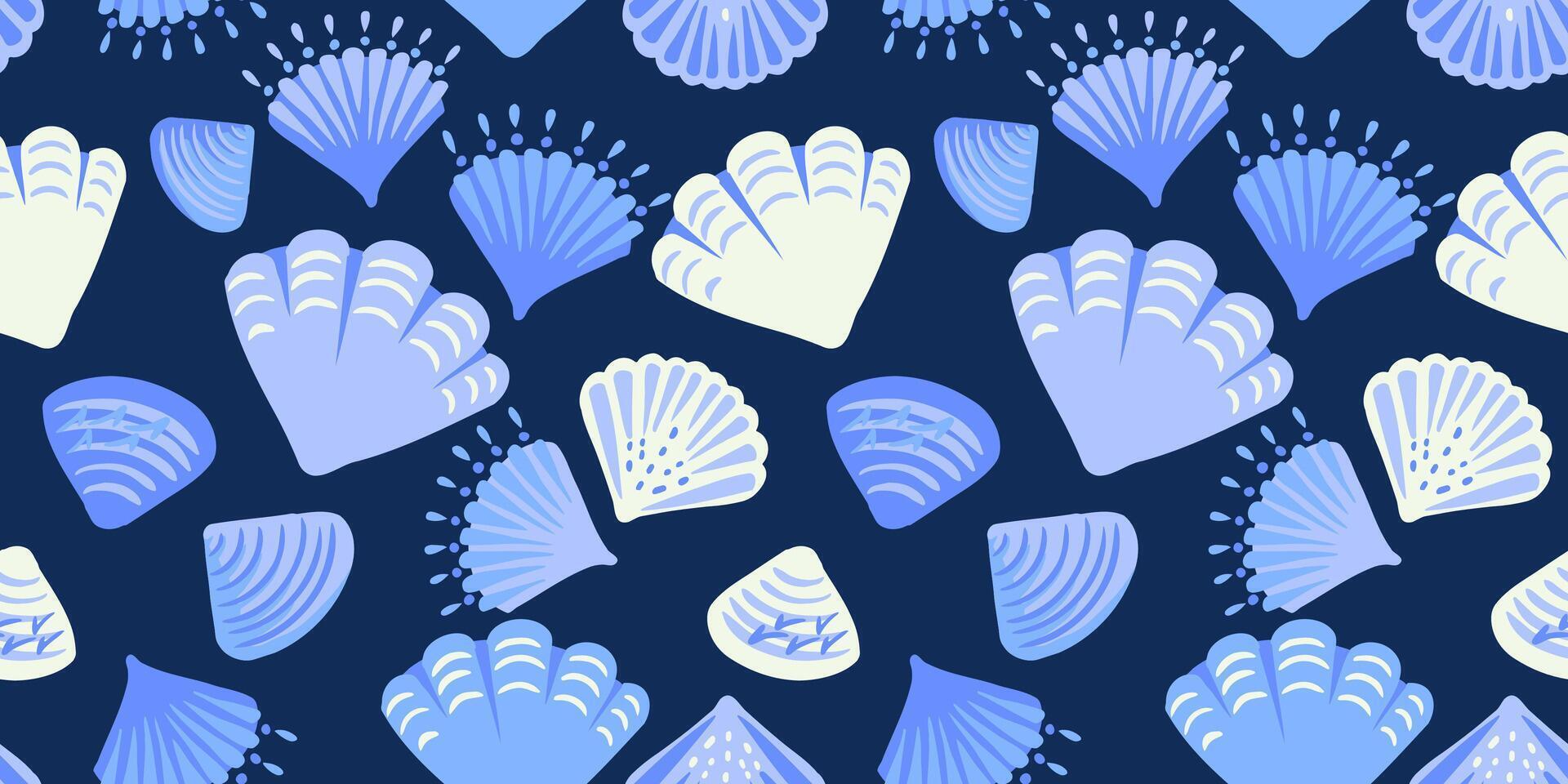 Blue creative shapes sea shells seamless pattern on a dark background. Abstract artistic marine printing. hand drawing sketch. Template for designs, notebook cover, wrapping paper, exotic wallpaper vector