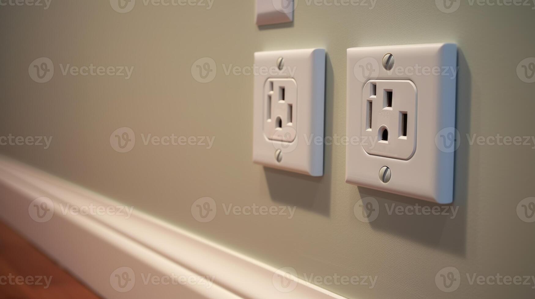 White wall mounted socket board with two electrical sockets and a switch. Neural network photo