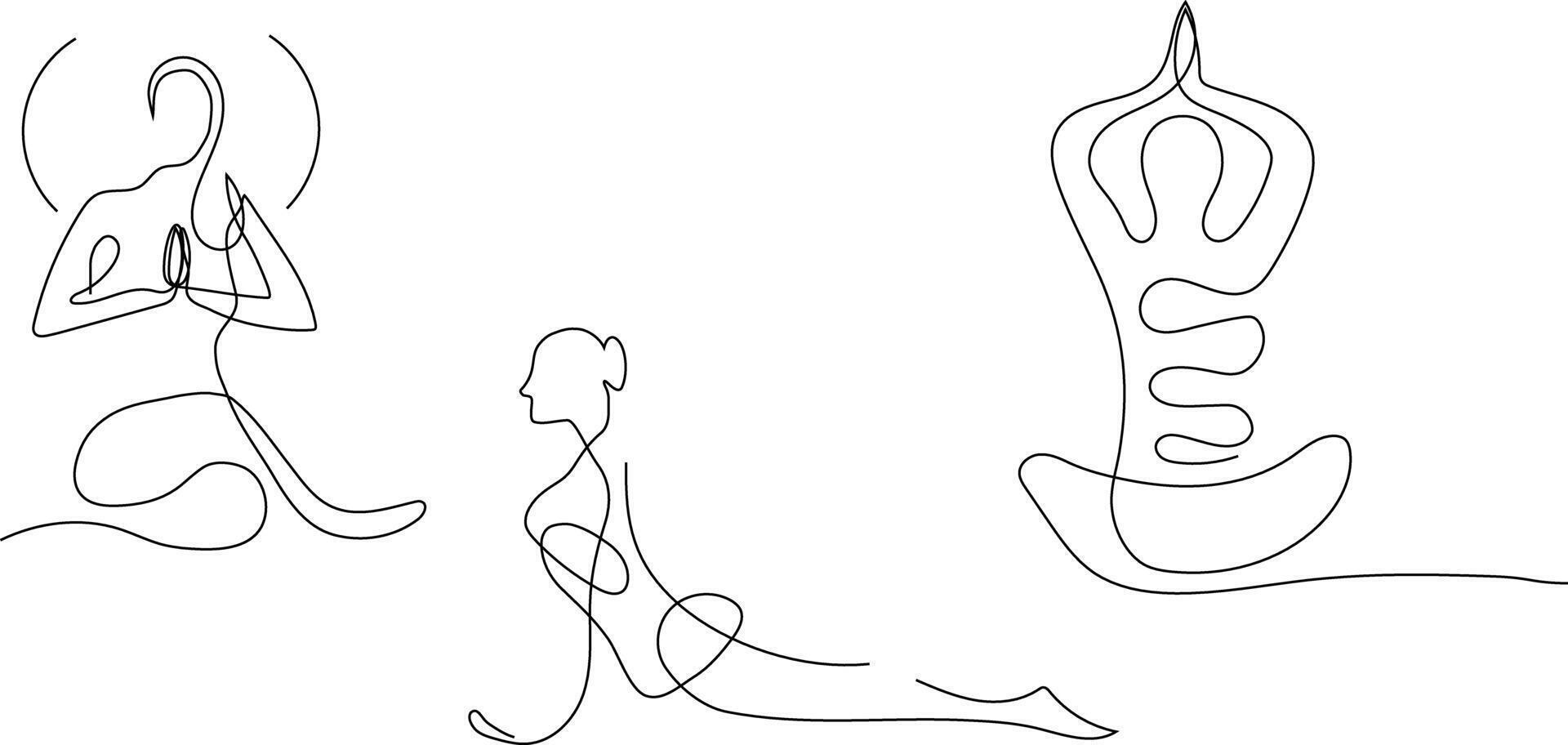 Yoga Set. Yoga workout. Health. Sports. Girl in sports. Drawing with one line. Sports print. vector