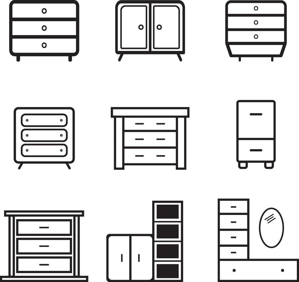 small storage cupboard flat icon, line art, and bundle vector
