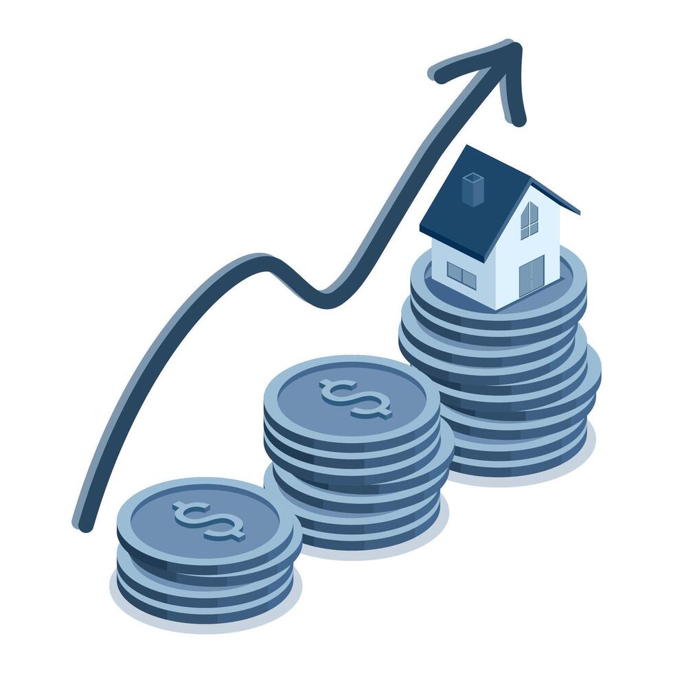 isometric business real estate investment and financial with raising graph for save money to buy house. flat illustration blue style. vector