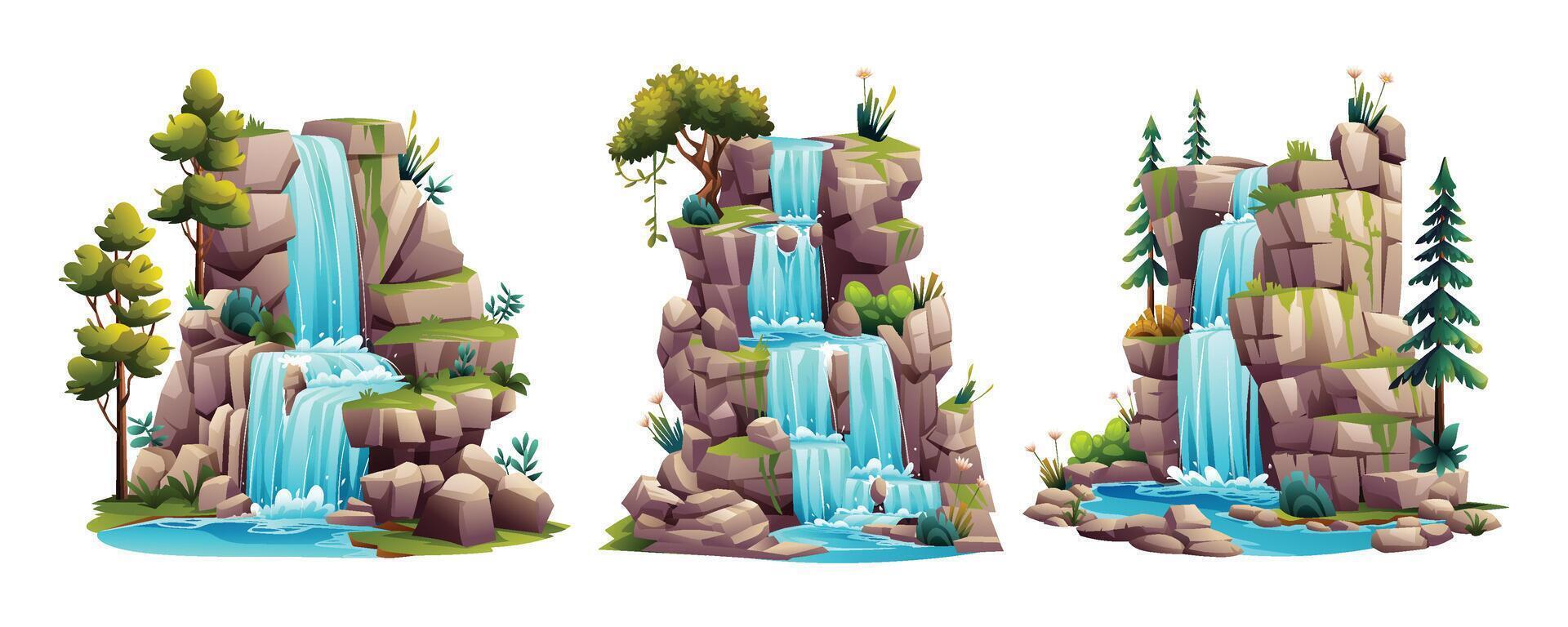 Set of tropical waterfall. Cartoon illustration isolated on white background vector