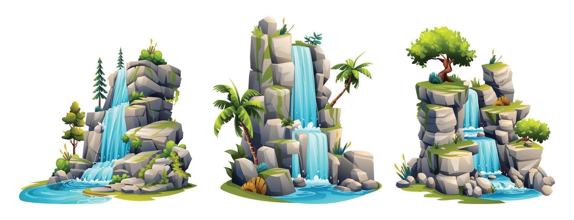 Set of waterfall cascade. Cartoon illustration isolated on white background vector