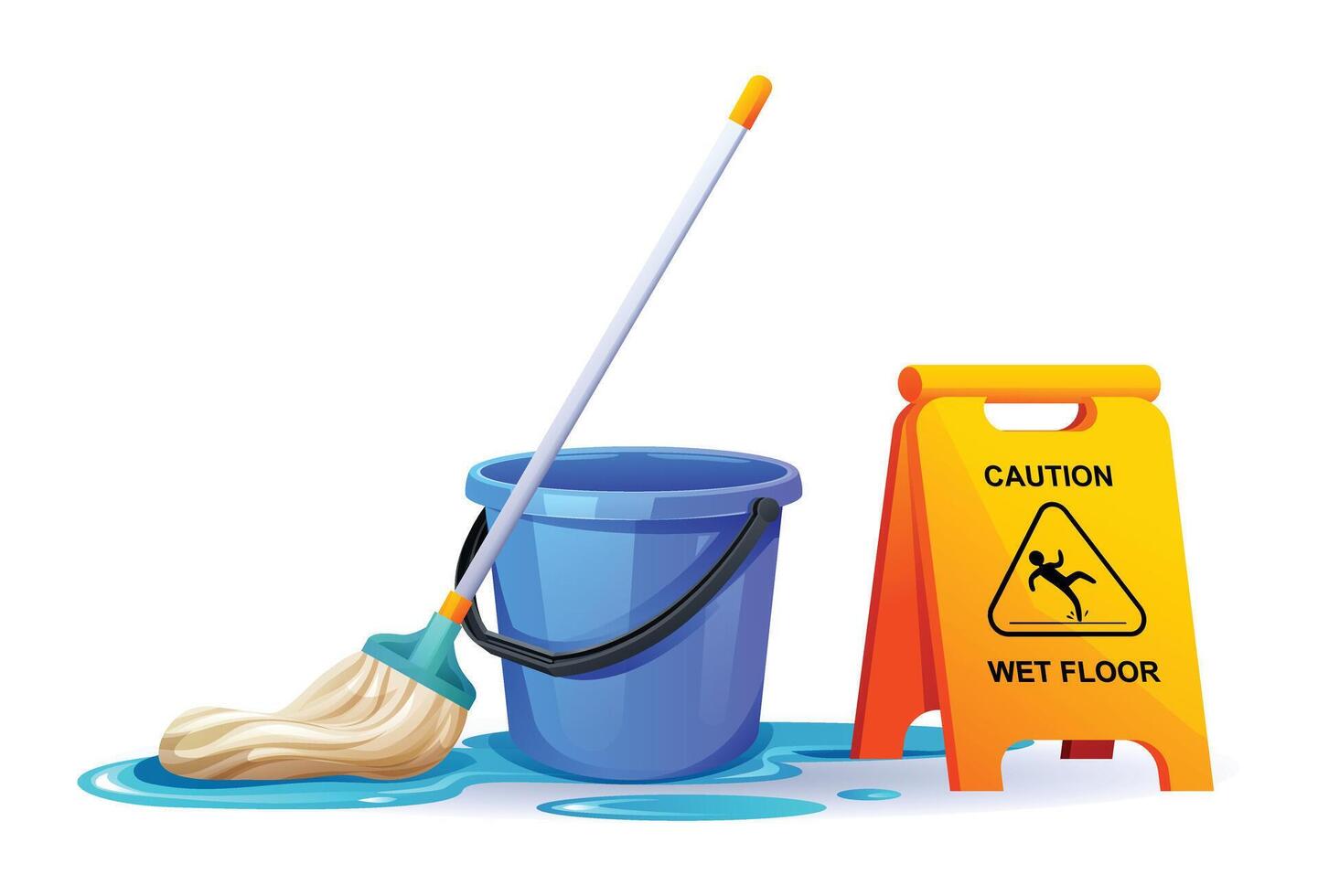 Illustration of a mop, bucket, and caution wet floor sign. Cleaning equipment isolated on white background vector