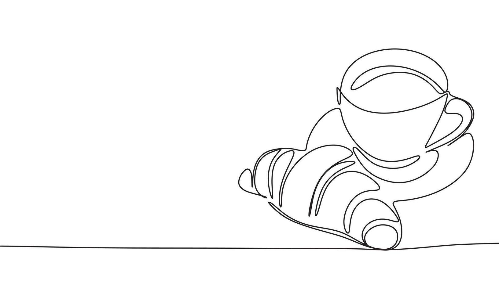 Cup and croissant one line continuous. Breakfast line art. Hand drawn art. vector