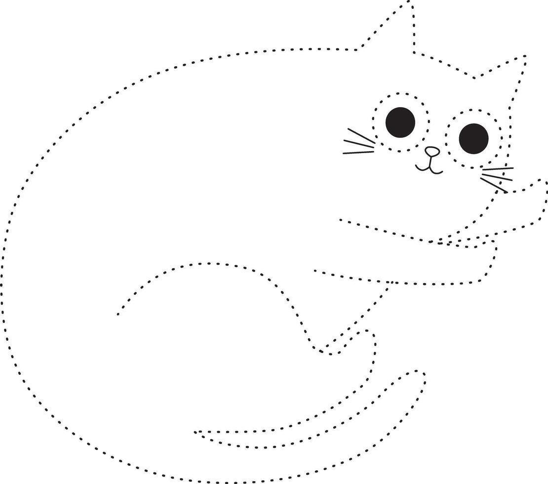 cute cat trace line for kids. Coloring page with cute cartoon cat. vector