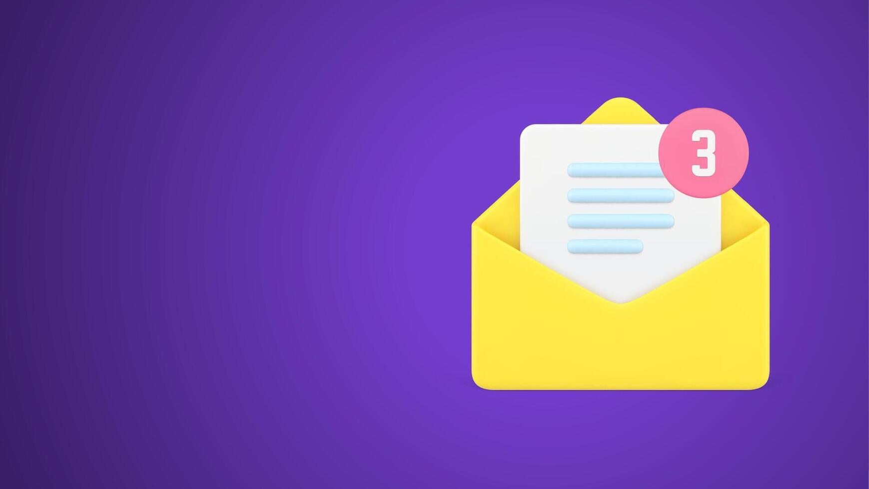 Incoming three message open paper yellow envelope with letter digital alert reminder 3d icon vector