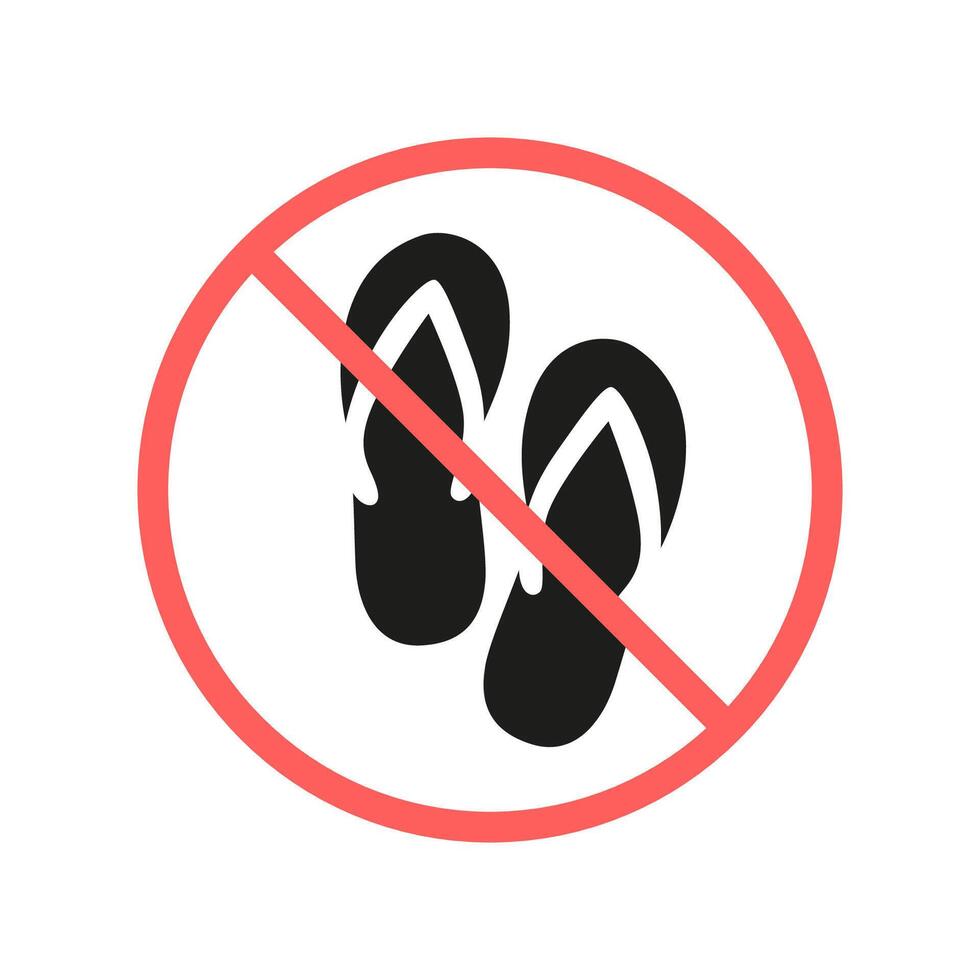 No sandals. Prohibition Sign. No flip flops. No flippers. Black flip flops in red crossed circle vector