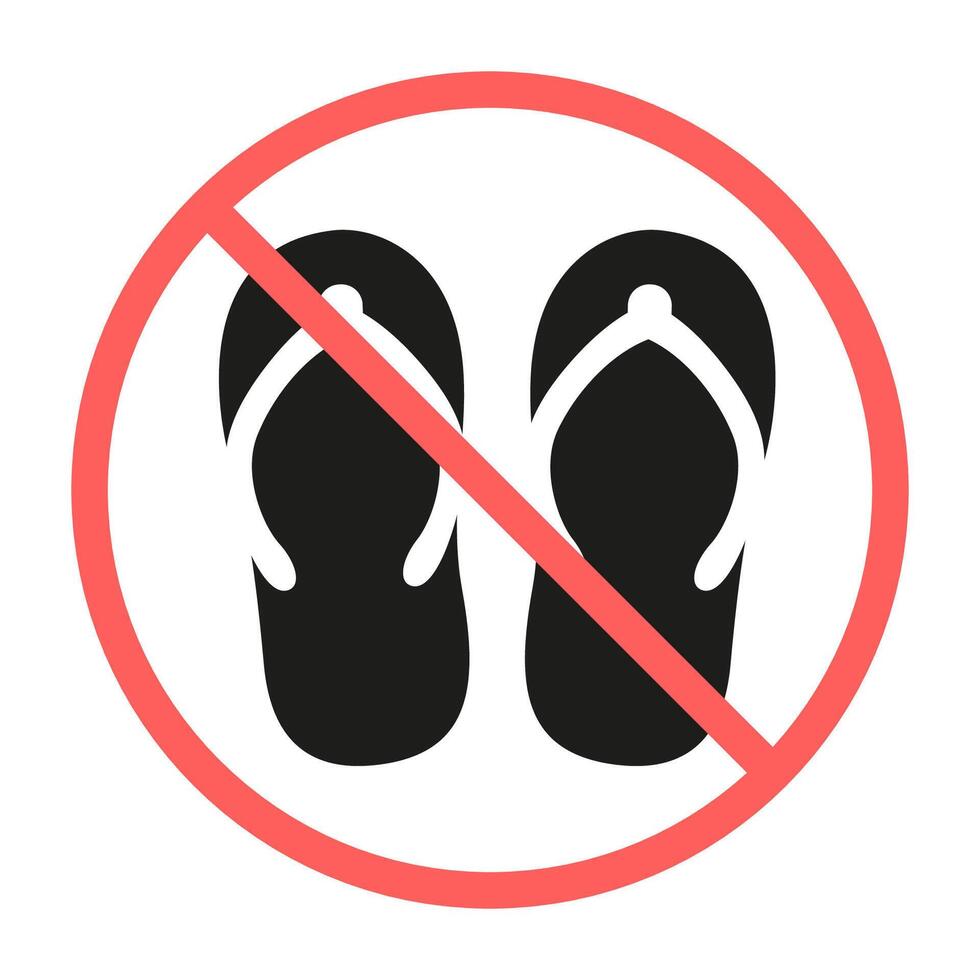 No sandals. No flip flops. No flippers. Prohibition sign. Black flip flops in red crossed circle vector