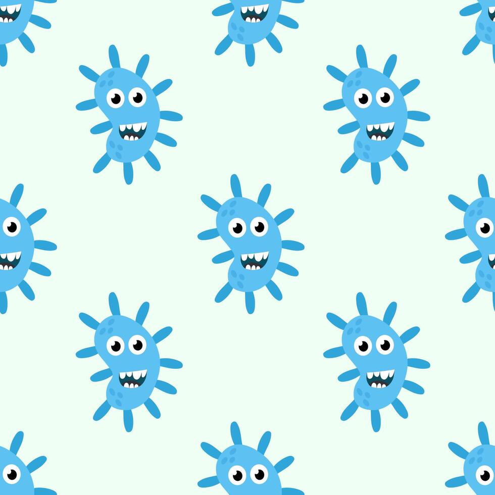 Seamless Pattern with Cute cartoon characters virus, bacteria, microbe. Microbiology organism funny face wallpaper. Mascot expressing emotion background. children illustration in flat design. vector