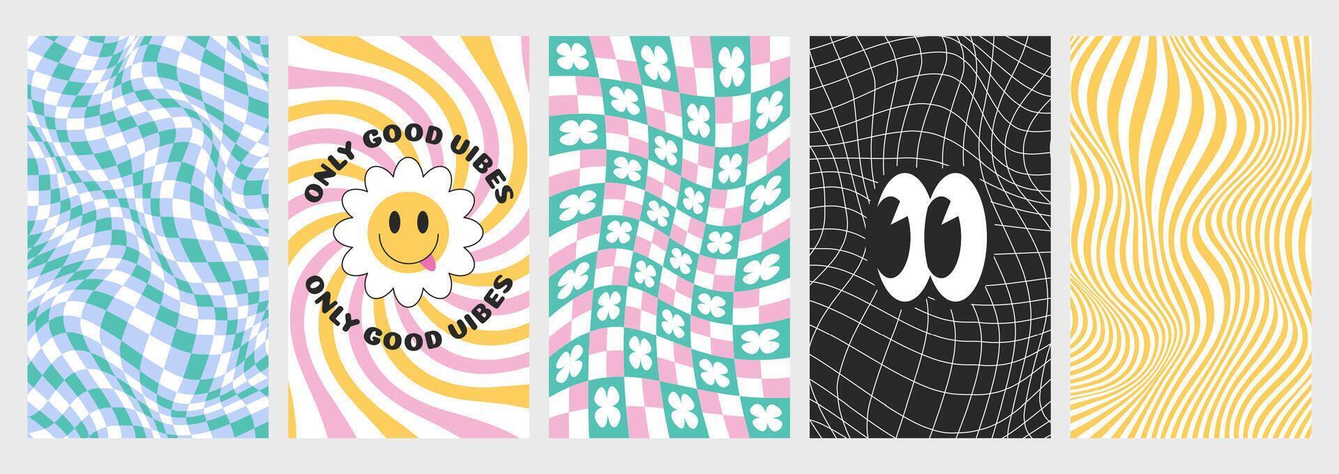 Psychedelic checkerboards with distorted grid tile, twisted lines and groovy hippie stickers. Checkered seamless pattern backgrounds in retro y2k style. Warped chessboard set with smiling daisy flower vector