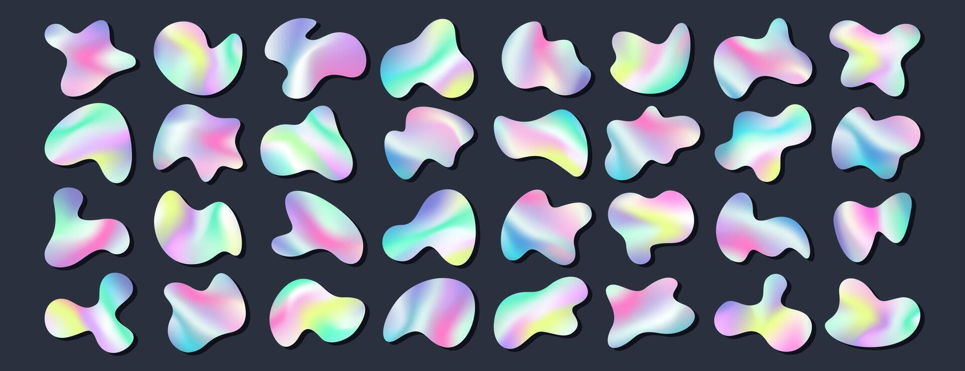 Holographic liquid metal blobs set. Iridescent chrome drops or hologram irregular freeform shapes. Rainbow metallic gradient deformed stains or fluid amoeba abstract forms. Modern assymmetric blotches vector