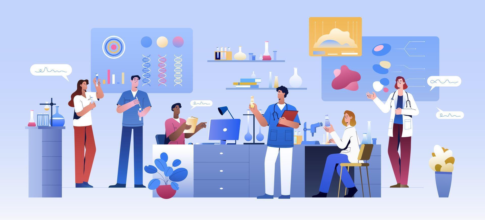 Group of scientists in lab room. Scientific medical in chemical laboratory conduct pharmaceutical science experiment, biology research. Flat doctors or pharmacology assistants work on drug development vector