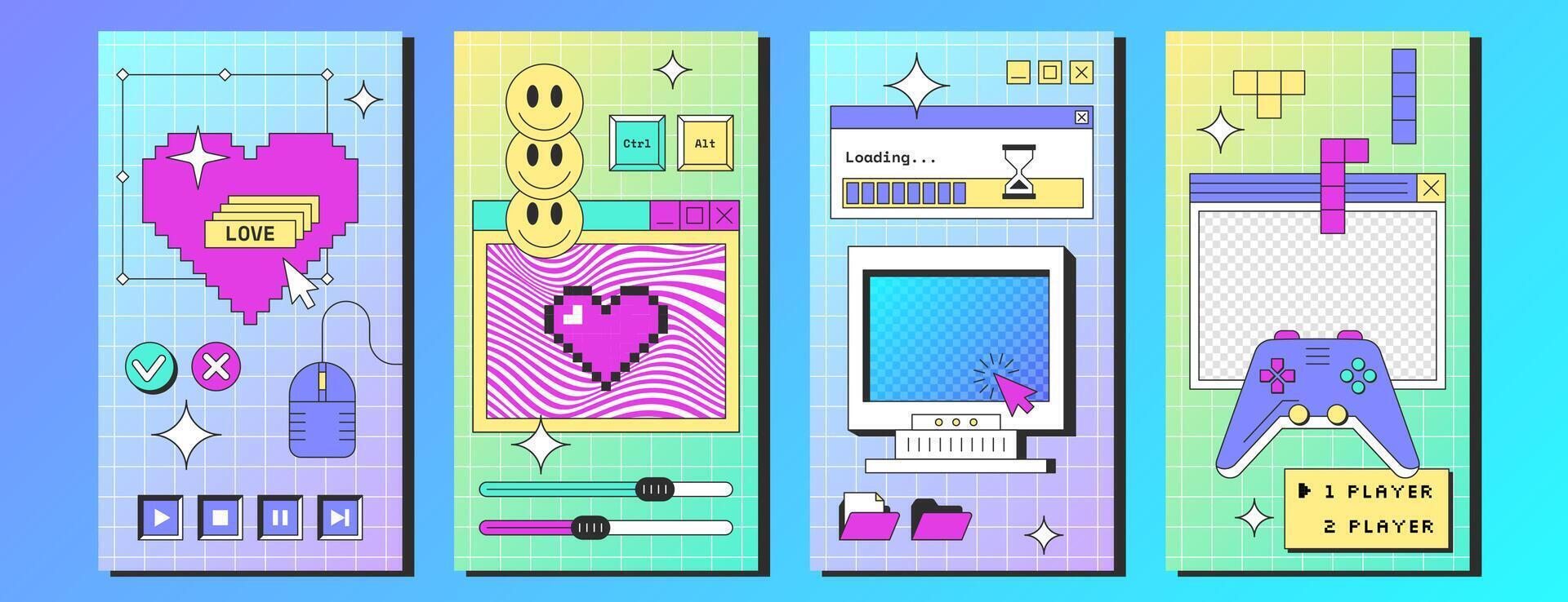 Social media posters template with retro desktop computer interface with buttons, folders, game console, loading bar, message frames. Old pc screen with browser window, stickers in y2k vaporwave style vector