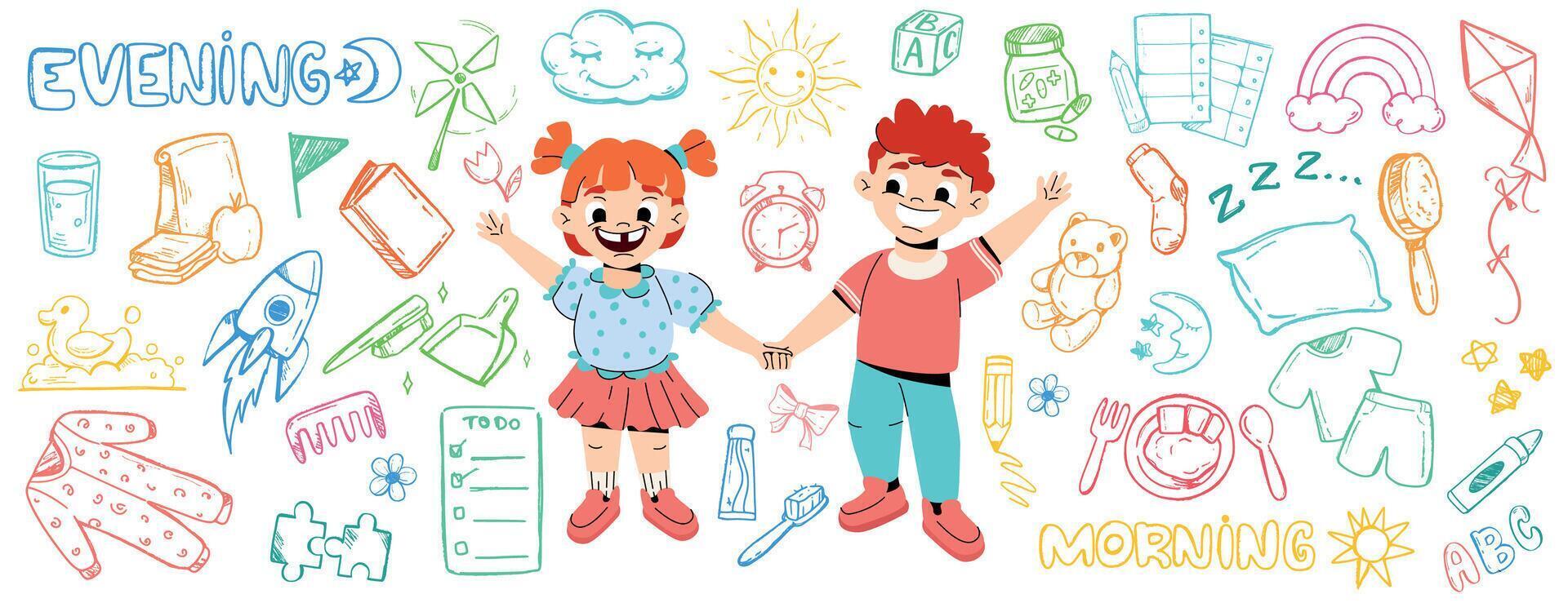 Daily routine sketch icon with funny kids in doodle style. Cartoon boy and girl doing every day activities. Happy characters brush teeth, eat breakfast, play with toys in kindergarten, study at school vector