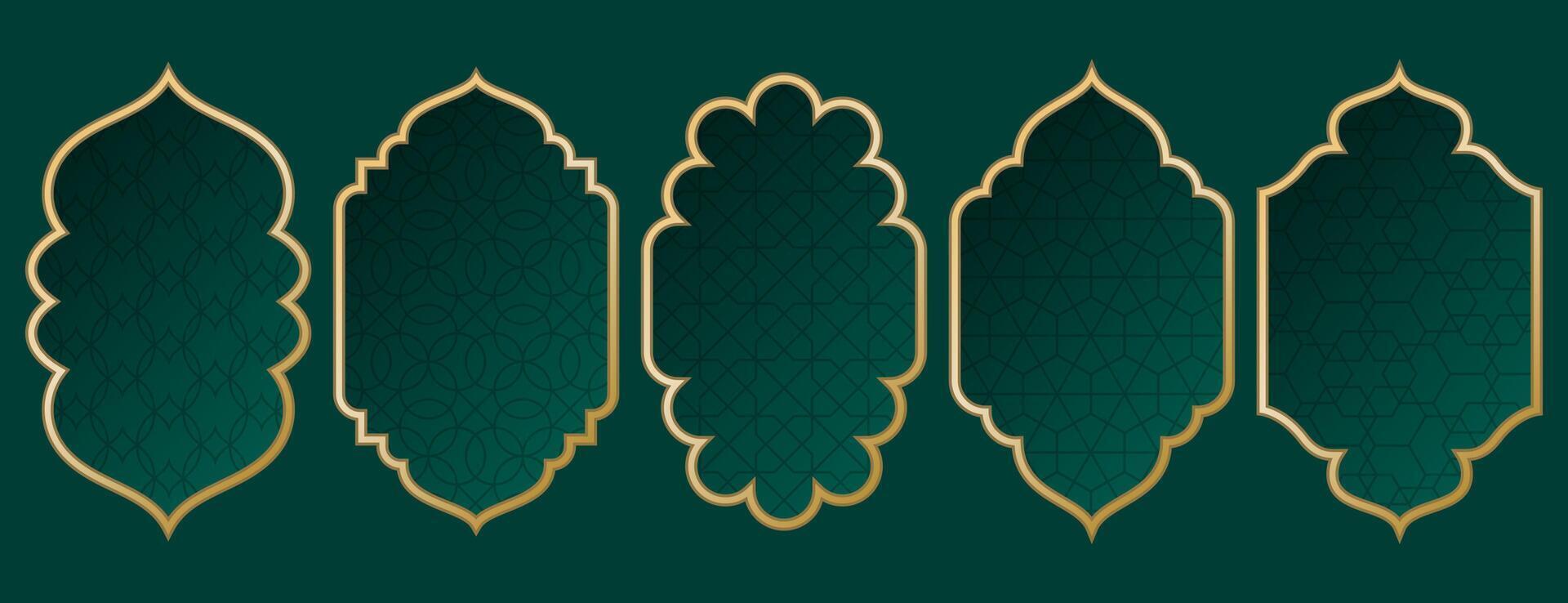 Gold traditional islamic window shape. Golden ramadan frames, mosque arches. Muslim architecture design elements of silhouette moroccan arabic border or door. Eid mubarak oriental mirror, arabian gate vector