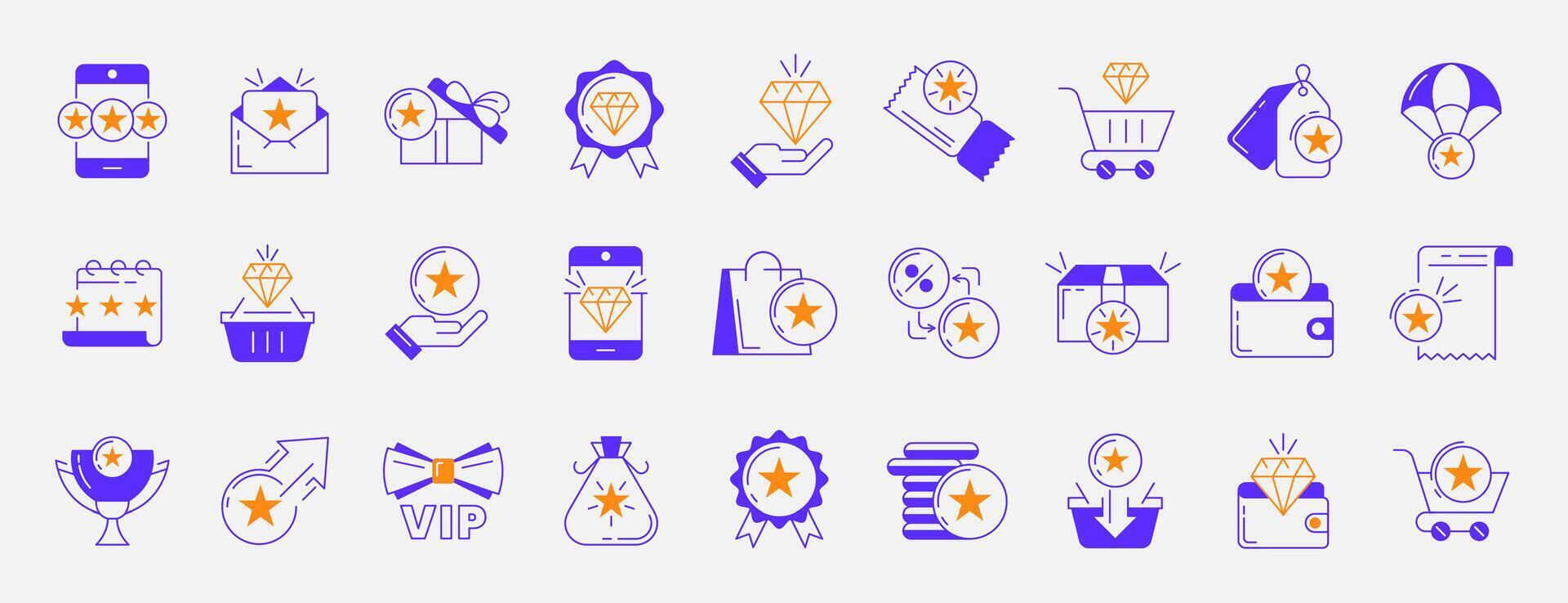 Exclusive benefits icon. Loyalty program offer line icons set with bonus card, vip member, discount voucher or tag. Blue linear gift box, sale coupon, reward, shopping basket, stars in wallet and bag. vector