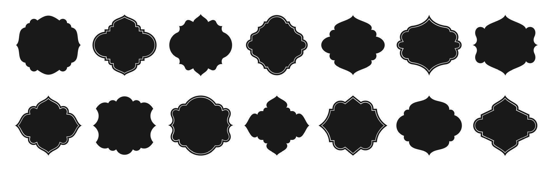Traditional islamic window shapes set. Black silhouette eid mubarak decorative arches, arabic mosque borders or moroccan oriental decor isolated on white background. Muslim architecture Ramadan frames vector