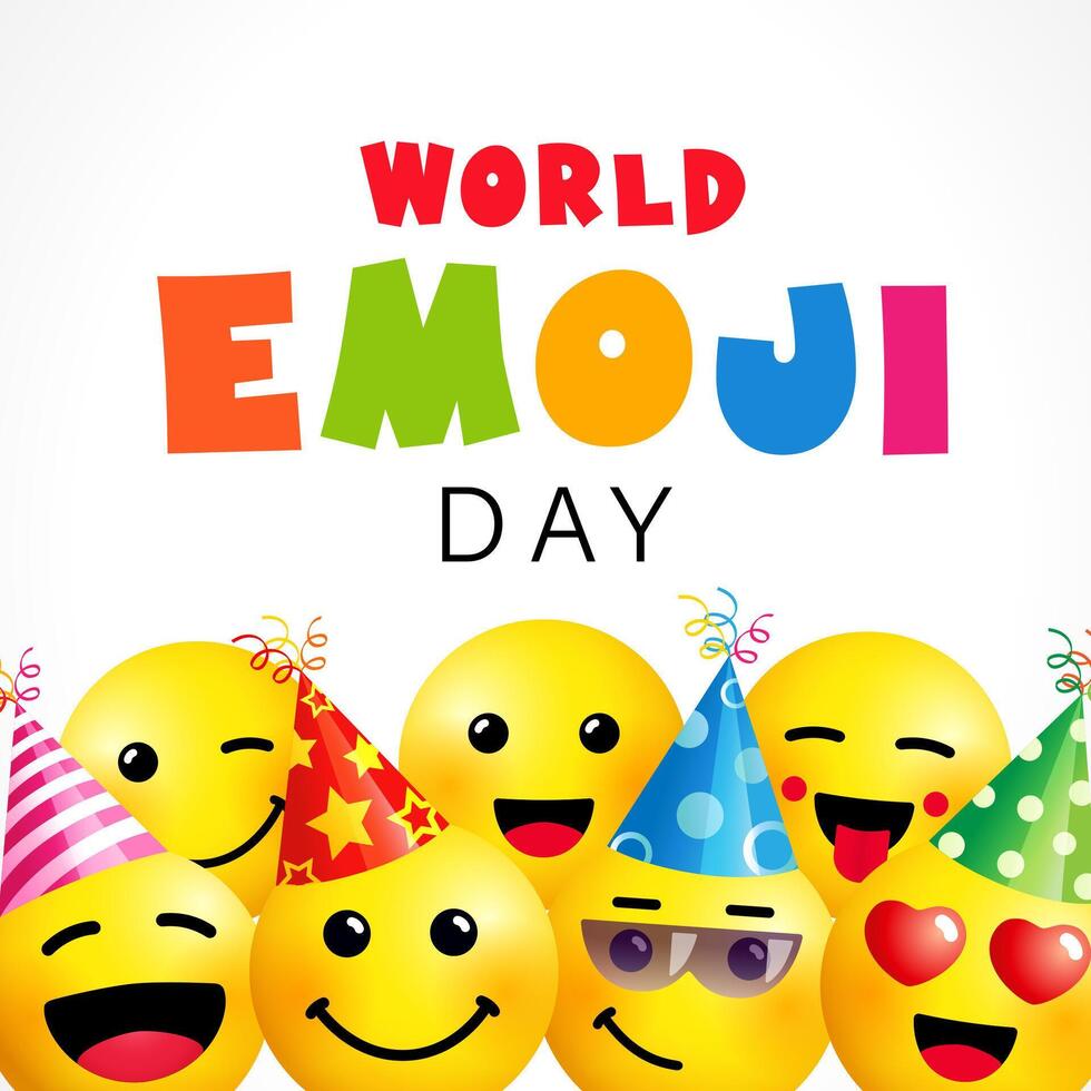 World Emoji Day greeting card design with 3D elements. Cute positive design vector