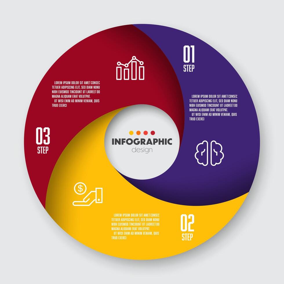 Round pie chart into 3 step. Concept startup development strategy. Infographic for business information. vector