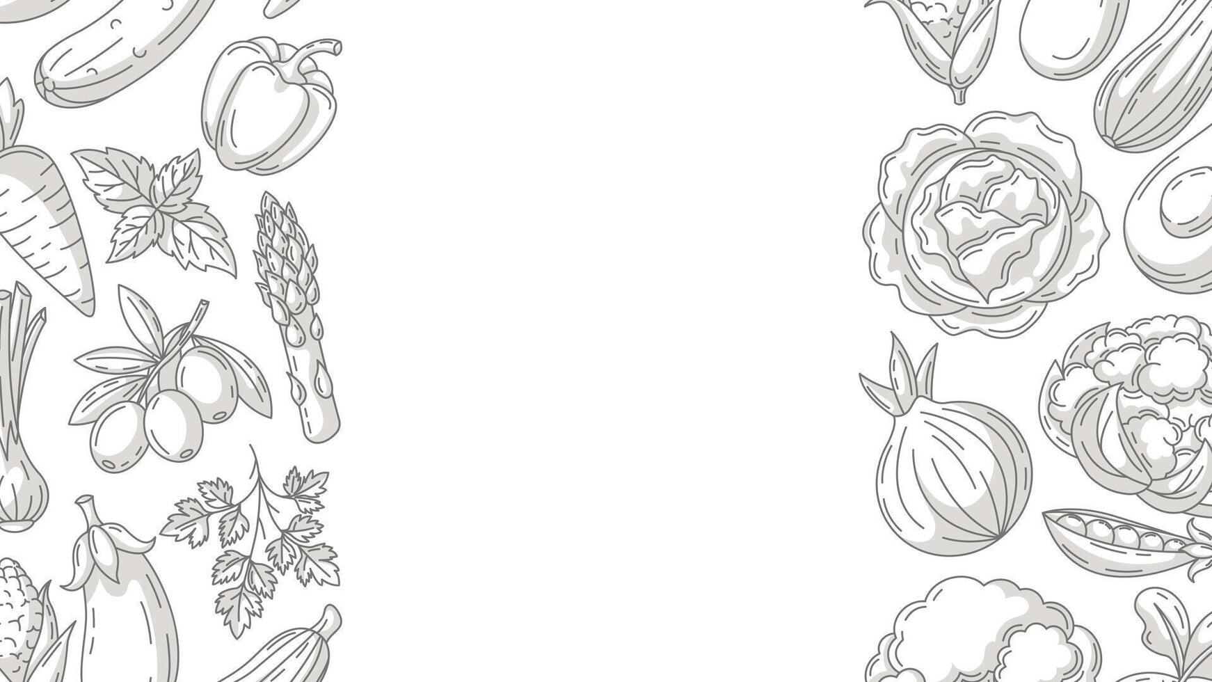 Fresh and healthy farm vegetables, minimalist horizontal banner, veggies icons border frame. Space for text, isolated background. Organic product. For poster, menu, flyer, cover, invitation vector