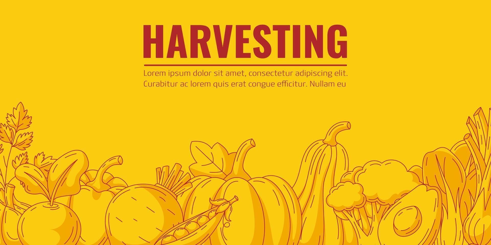 Harvesting, vegetables horizontal minimalist banner. Isolated yellow background, space for text. Fresh and healthy farm products, organic food, natural veggies icons. For poster, menu, flyer vector