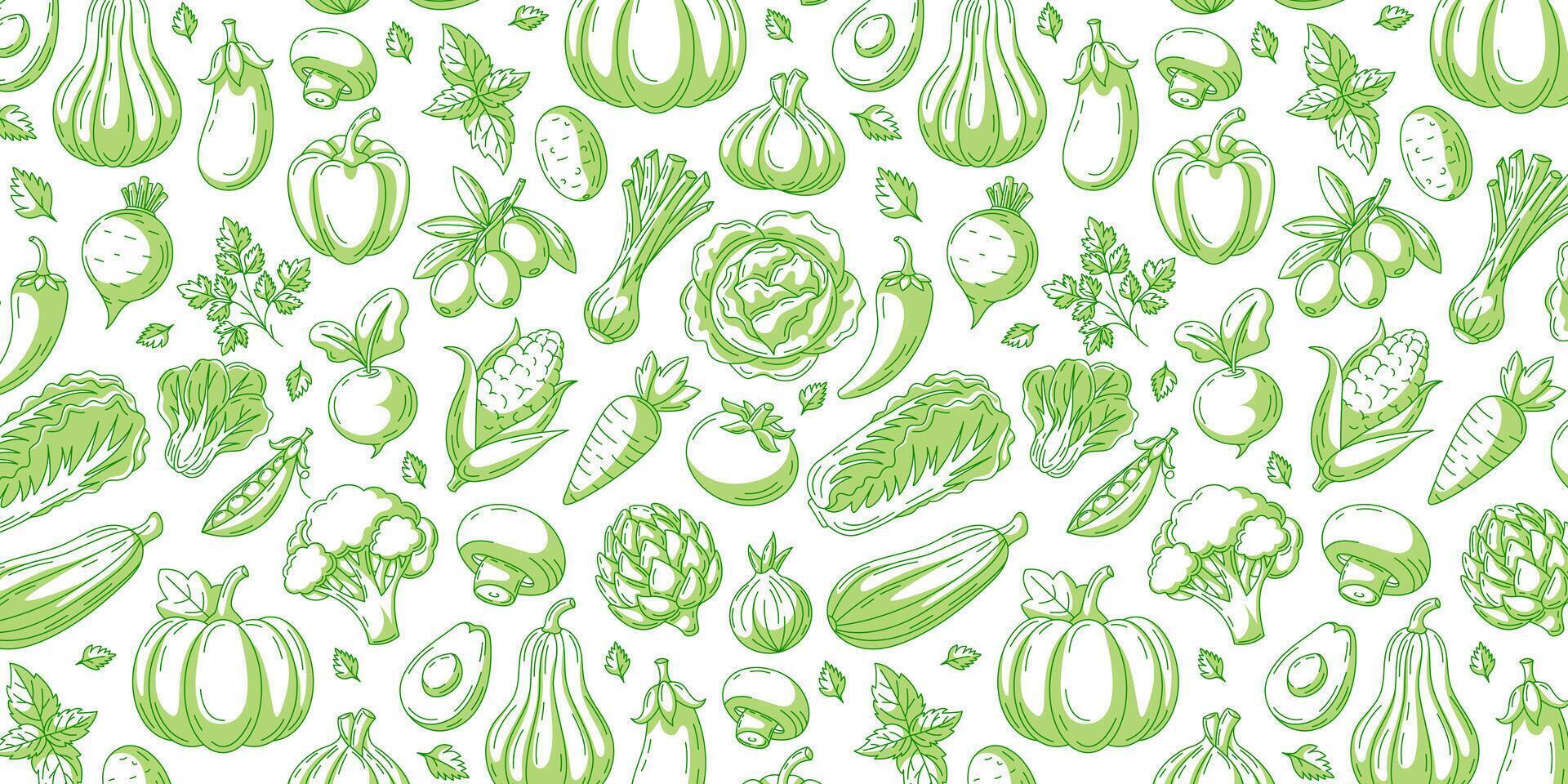 Vegetables, greens seamless pattern, isolated white background. Veggies icons set. Minimalist horizontal banner. Organic food, natural eco product. For cover, wrapping paper, textile print vector
