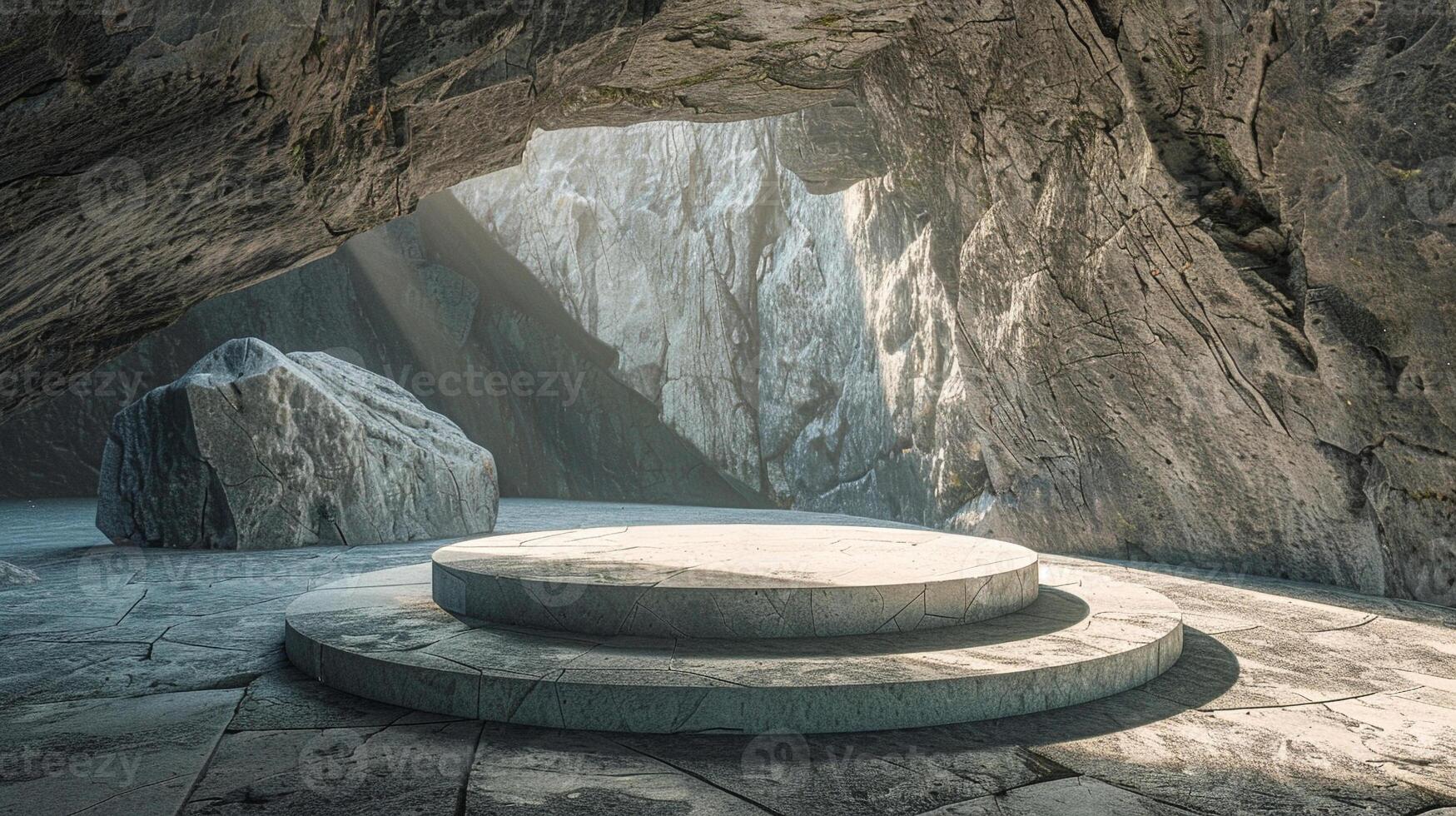 blank stone podium in cave with sunlight photo