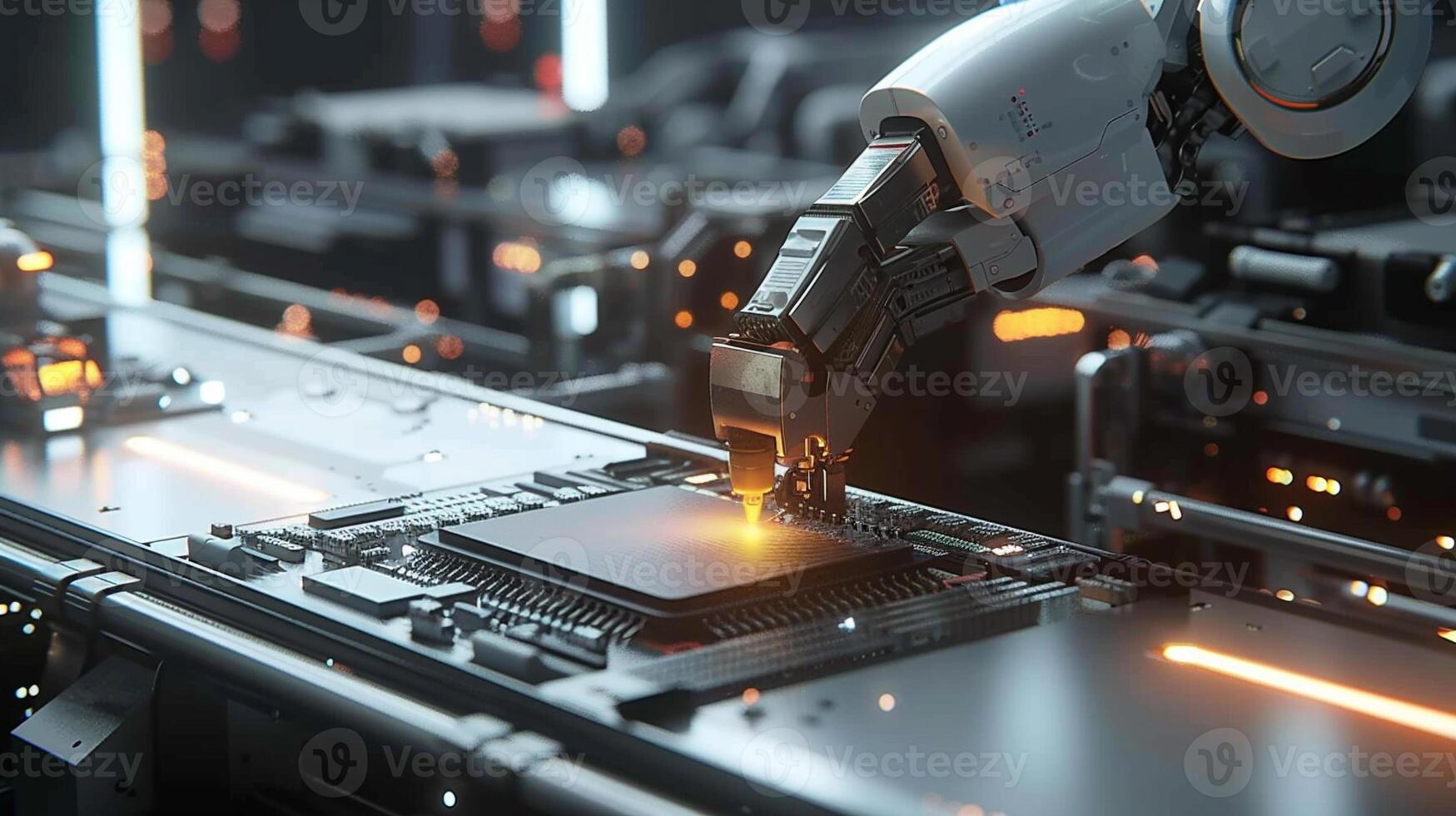 robotic arm manufacturing a computer chip in hi tech factory photo