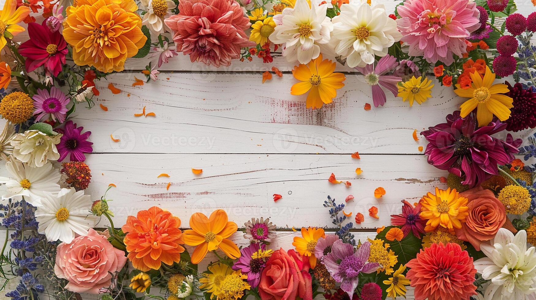 colorful flowers on white wooden background with blank space photo