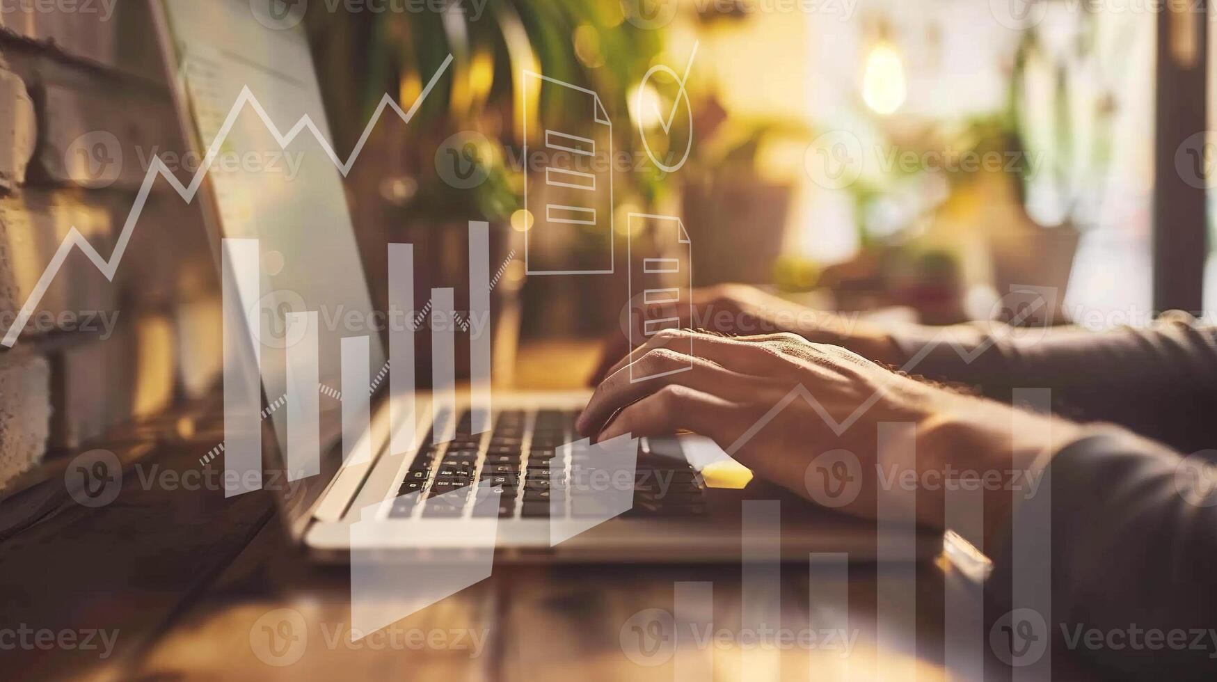 businessman hand with laptop computer for analyzing financial data for maximum return photo