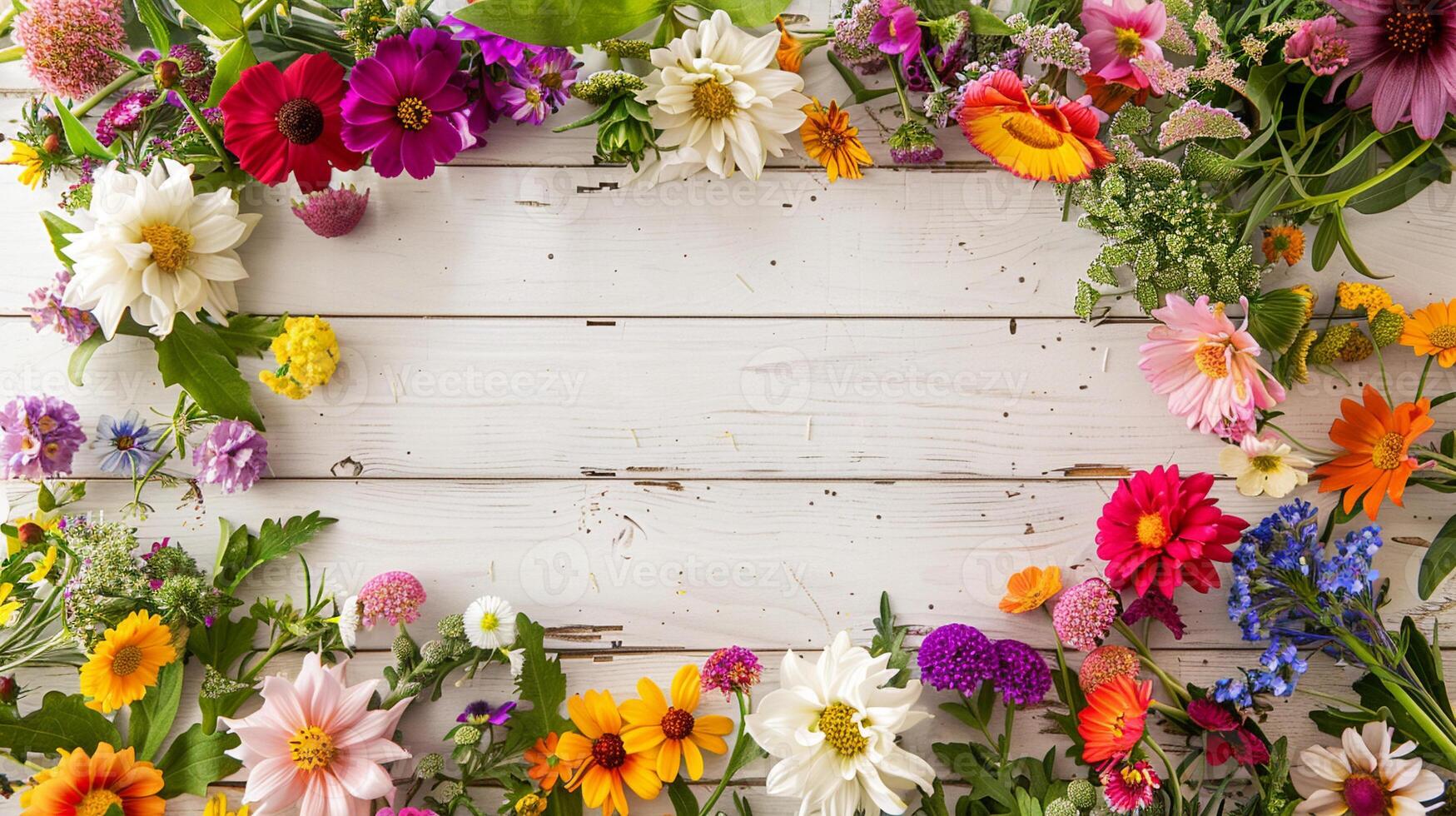 colorful flowers on white wooden background with blank space photo