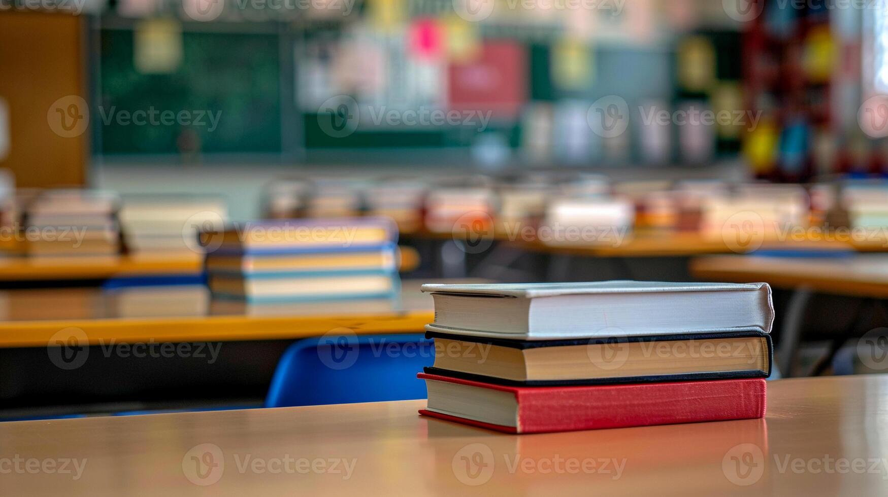 books on study desk in classroom with blur background photo