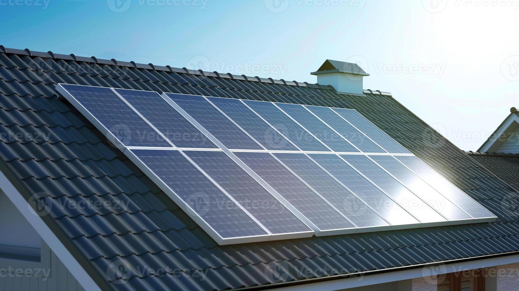 solar panels on roof of house with blue sky photo