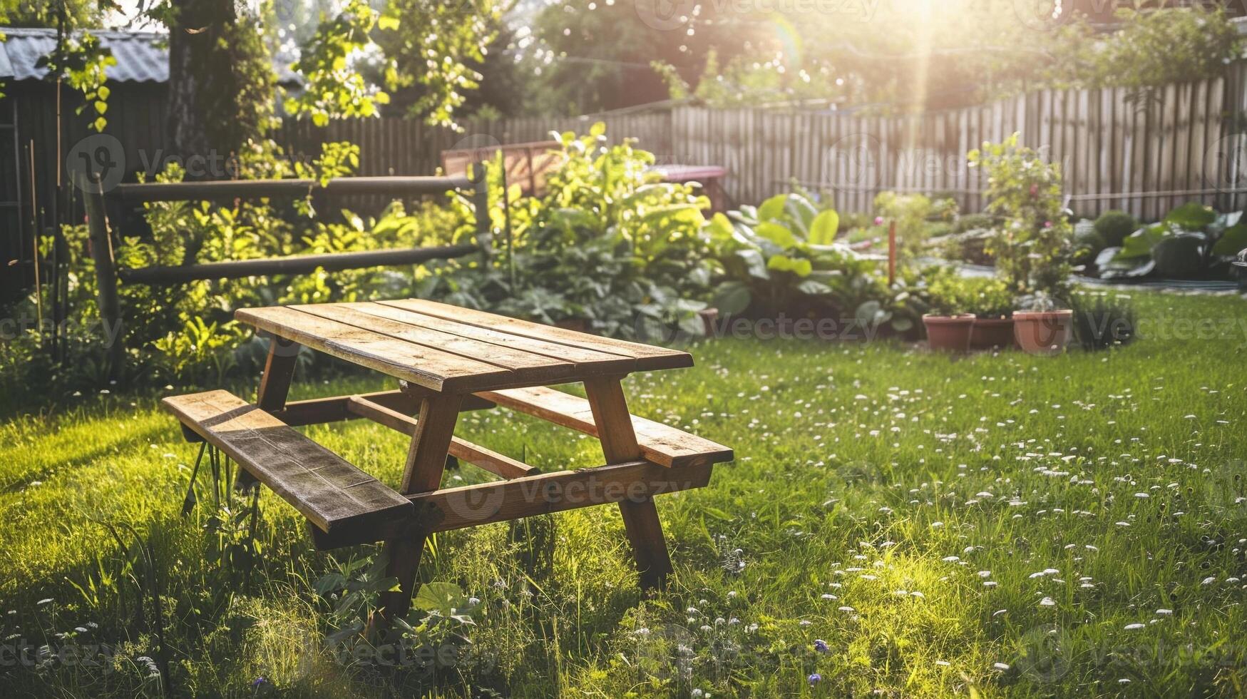empty wooden table on backyard lawn with sunlight photo