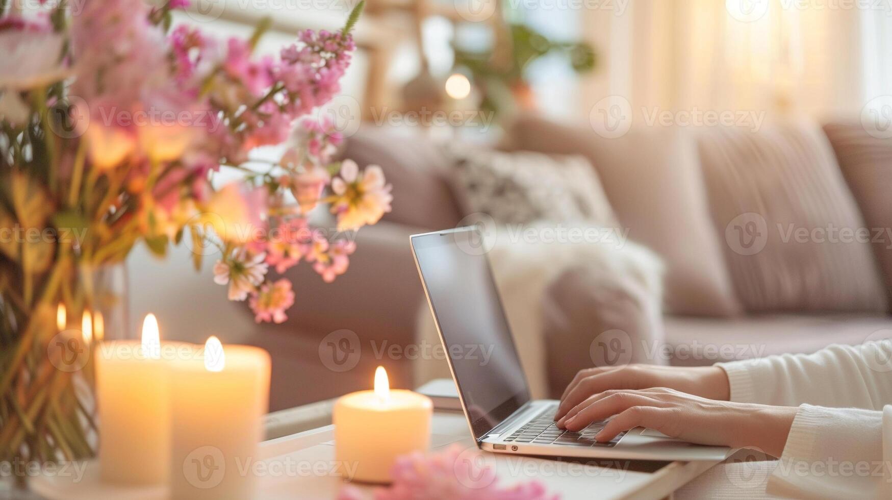 work from home. person typing on laptop computer on table with candles and flower decoration photo