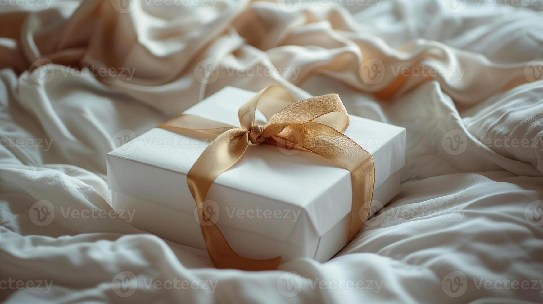 luxury gift box on bed with flowing bed sheet photo