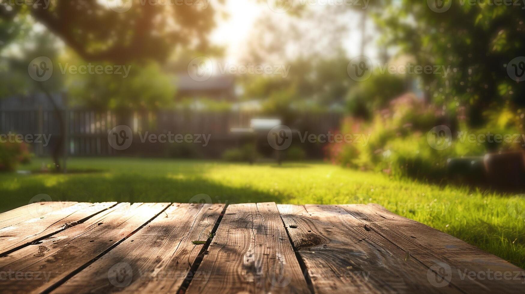 wooden table on backyard lawn with blur barbecue grill in the background photo