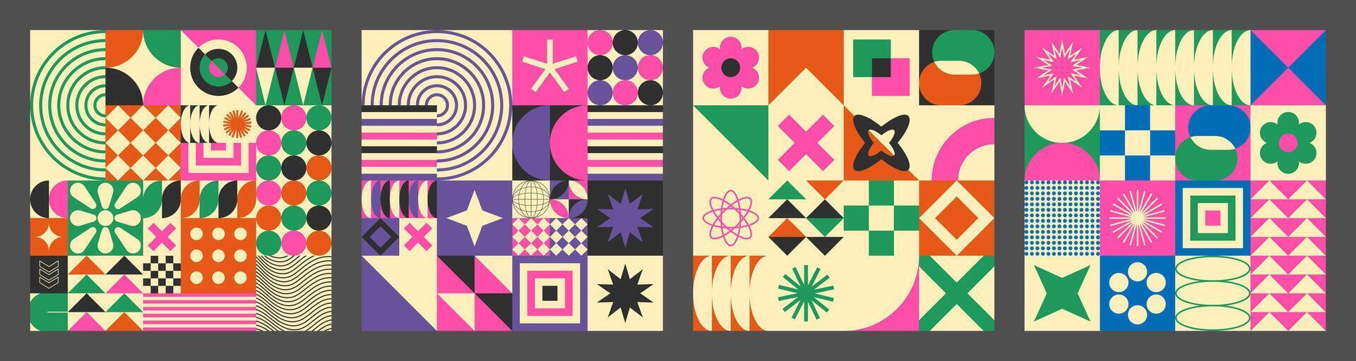 Abstract simple geometric seamless pattern with figure, form, shapes, circle and lines in Bauhaus style. Vibrant grunge geometry brutalism y2k 2000s print. Modern collage illustration vector