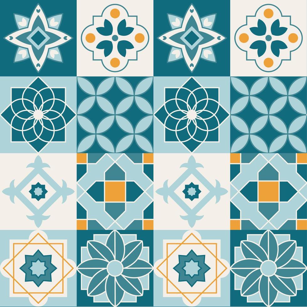 Arabic geometric mosaic printable seamless pattern with abstract Moroccan print in blue and orange colors. Ramadan Kareem Traditional Islamic art Illustration background vector