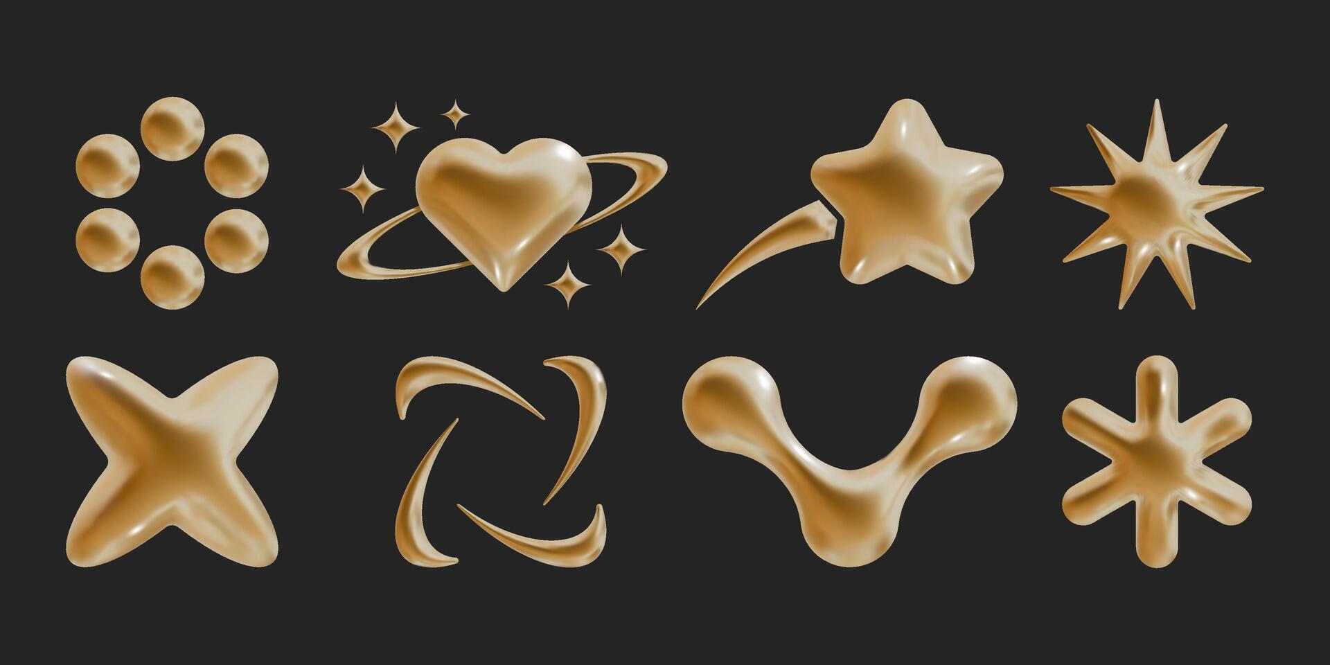 Set of Y2k geometric 3D render gold shapes trendy retro futuristic design elements, infographic shapes. Modern concept with symbols and objects, star, heart illustration for UI and UX vector